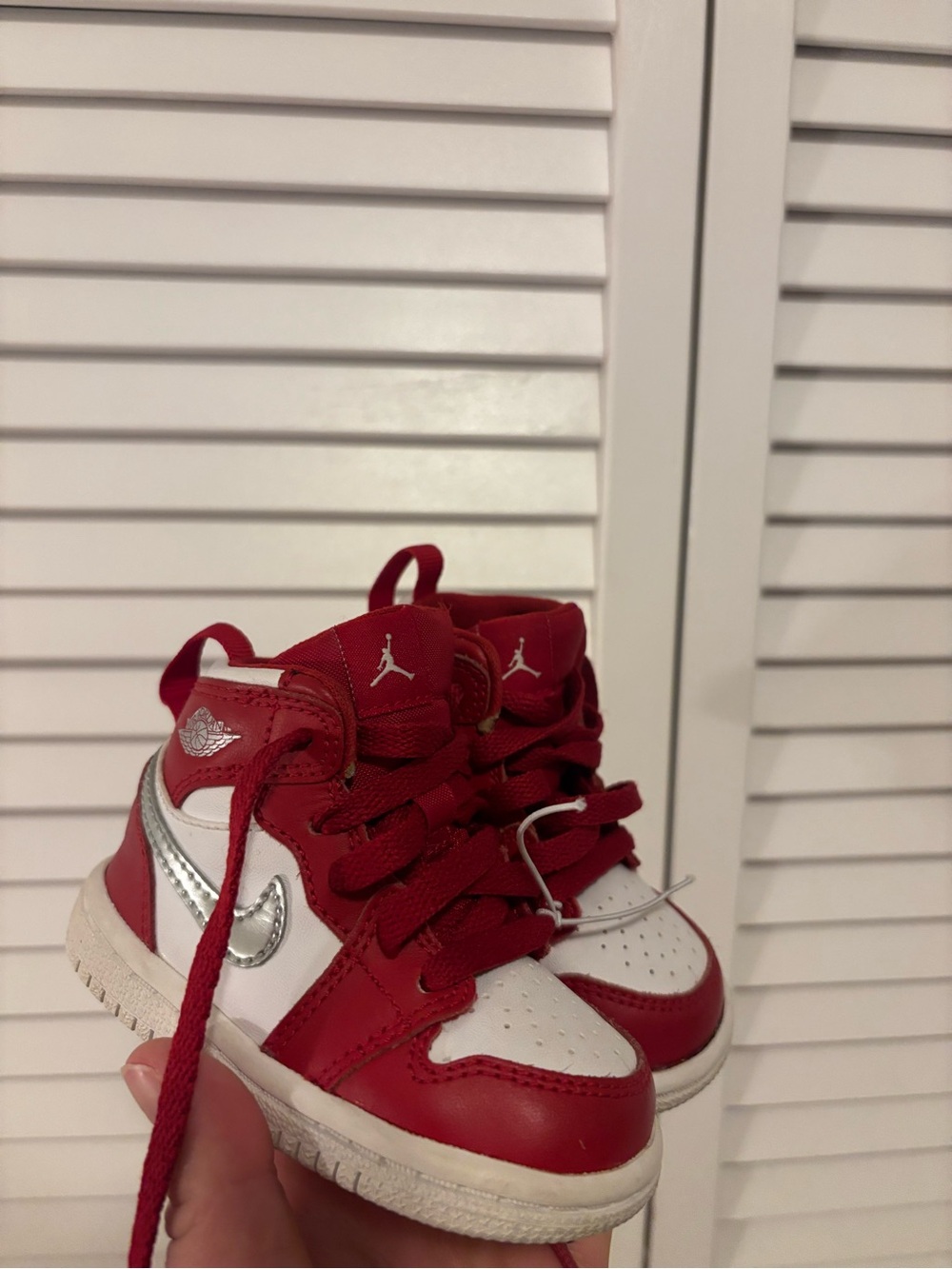 Jordan Red & White Toddler High-Top Sneakers with Silver Swoosh